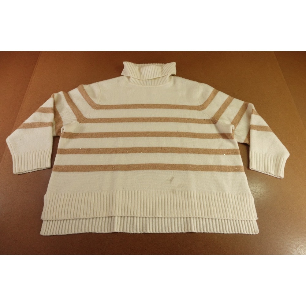 Talbots Womens 3X Petite Cream Striped Split Sides Turtleneck Sweater NWT *Flaw